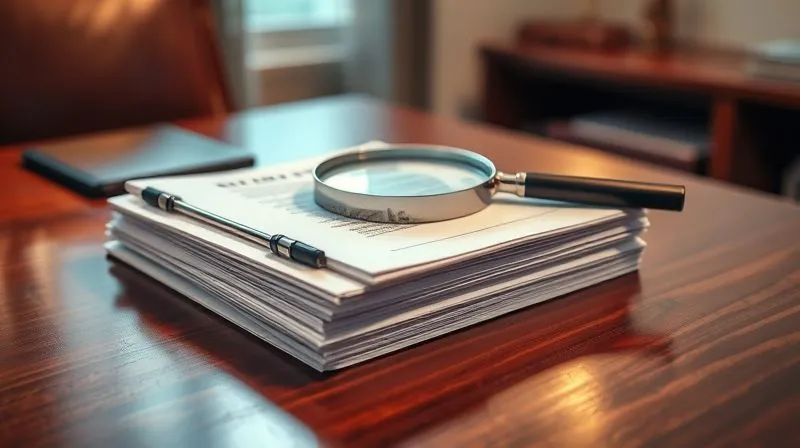 A photorealistic image of a stack of official legal documents on a polished wooden desk, with a magnifying glass resting on the top document, indicating scrutiny and investigation. Soft, professional office lighting, sharp focus on the documents, depth of field blurring the background, 8K hyper-detailed, shot on a high-end DSLR.