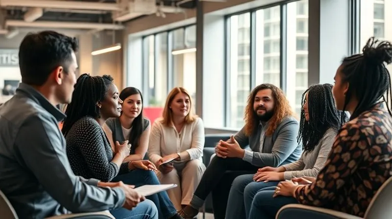 A photorealistic image of a diverse group of employees engaged in an interactive training session in a modern office, focused on diversity and inclusion. A facilitator leads the discussion. Professional photography, 8K, cinematic lighting, sharp focus on the engaged participants, depth of field blurring the background, shot on a high-end DSLR, conveying a positive and educational environment.