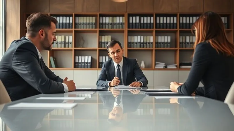 A photorealistic, professional photography, 8K, cinematic lighting, sharp focus, depth of field, shot on a high-end DSLR, featuring a legal professional (male or female) in a crisp suit, seated at a large, modern conference table, offering counsel to two business executives (male and female). The atmosphere is serious and focused, conveying trust and expert guidance. Legal books and documents are subtly visible in the background, reinforcing authority. The lighting is professional and inviting.