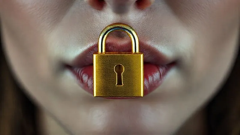 A photorealistic image of a person's lips sealed with a metaphorical golden lock, professional photography, 8K, cinematic lighting, sharp focus, depth of field, shot on a high-end DSLR, conveying silence and protection.