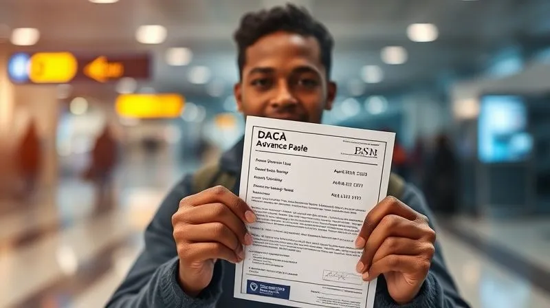 A photorealistic image of a DACA recipient holding an approved Advance Parole document, looking confidently towards an airport departure gate. The background shows blurred travel imagery, suggesting hope and opportunity. Cinematic lighting, 8K, sharp focus on the document and face, depth of field. Professional photography.