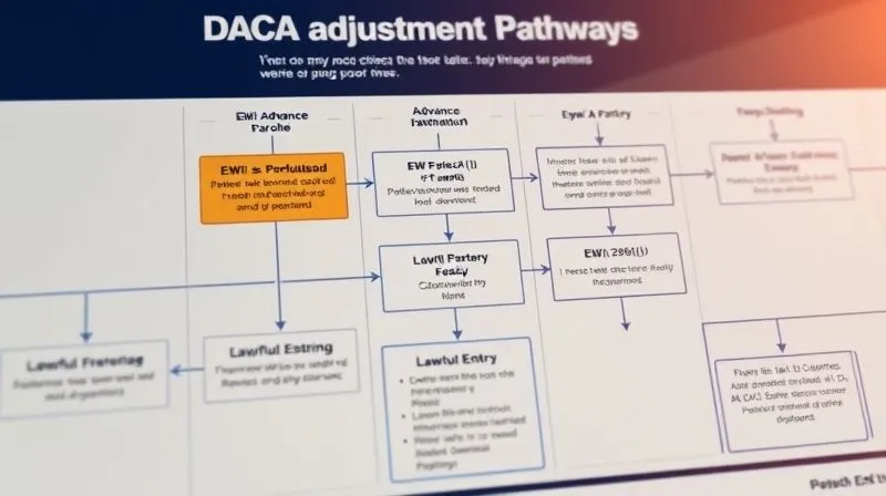 A photorealistic infographic showing a flowchart of DACA adjustment pathways, with different paths for "EWI + Advance Parole," "EWI + 245(i)," and "Lawful Entry." The flowchart should be clear and professional, using positive colors. 8K, cinematic lighting, sharp focus, depth of field. Professional photography.
