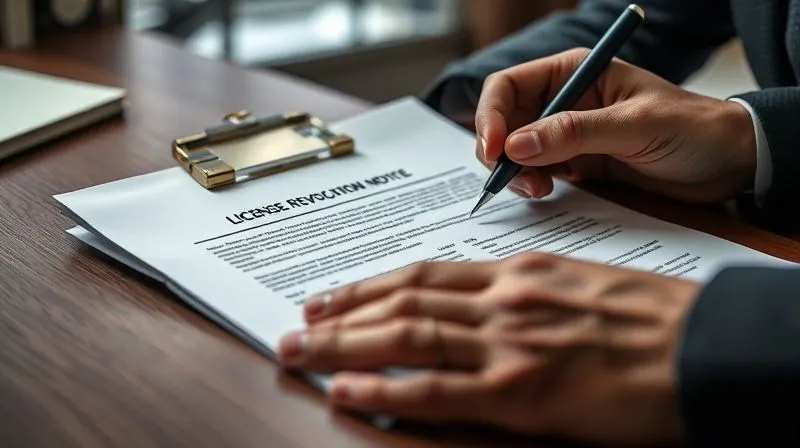 A photorealistic close-up of a person's hands meticulously reviewing a formal legal document titled 'License Revocation Notice,' with a pen poised over a notepad for annotations. Soft, professional lighting, sharp focus on the document and hands, depth of field blurring the background office environment, 8K hyper-detailed.
