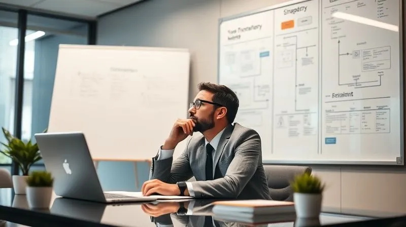 A photorealistic image of a professional individual, perhaps an executive or business owner, sitting at a modern desk, deep in thought, looking at a whiteboard filled with strategic plans and flowcharts. The lighting is reflective and hopeful, sharp focus on the person and board, depth of field, 8K hyper-detailed, professional photography, conveying resilience and future planning.