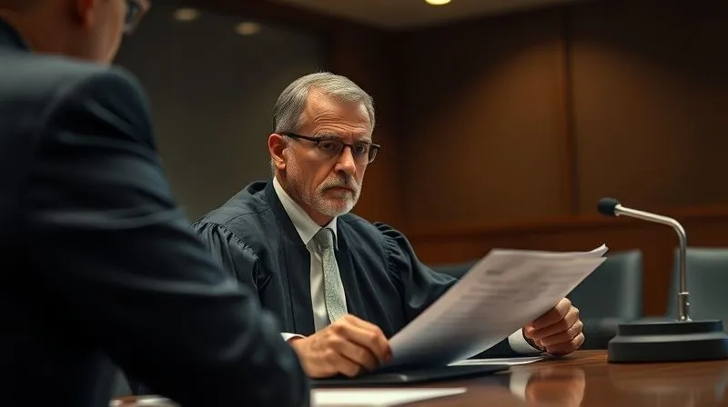 A photorealistic, professional photography shot of a serious, focused administrative law judge listening intently to a person (partially visible) presenting documents at a hearing table. The setting is a modern, official hearing room with subtle lighting, conveying the gravity and professionalism of the proceedings. 8K, cinematic lighting, sharp focus on the judge and documents, depth of field blurring the background, shot on a high-end DSLR.