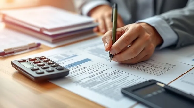 photorealistic, professional photography, 8K, cinematic lighting, sharp focus, depth of field, shot on a high-end DSLR. A close-up of a person's hand meticulously filling out a complex legal form, with a pen, surrounded by other neatly stacked documents and a calculator. The lighting is bright and focused on the task, conveying diligence and careful preparation.