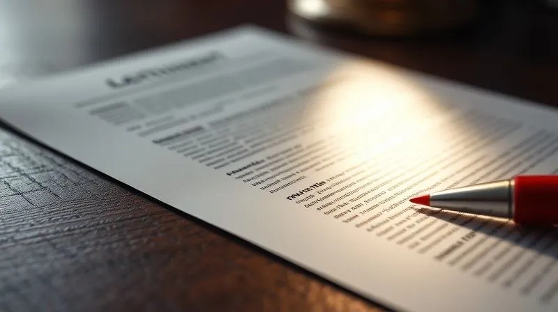 A photorealistic close-up of a legal document, with specific paragraphs highlighted by a red pen, signifying precision and critical analysis. The document lies on a dark wooden table, illuminated by a focused beam of light, emphasizing careful scrutiny. professional photography, 8K, cinematic lighting, sharp focus, depth of field, shot on a high-end DSLR.