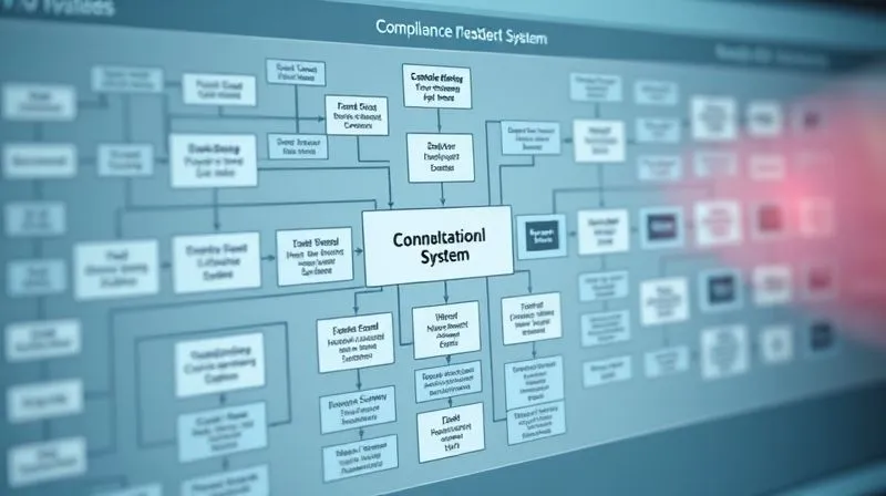 Photorealistic image of a complex flowchart or process map, highlighting interconnected steps of a compliance management system, with data points and arrows indicating flow. Cinematic lighting, sharp focus, depth of field, 8K, professional photography, shot on a high-end DSLR.