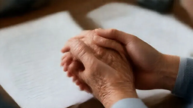 A photorealistic image of a caring hand gently holding an elderly person's hand, against a softly blurred background of legal documents, symbolizing support and advocacy in challenging situations. Professional photography, 8K, cinematic lighting, sharp focus on the hands, depth of field blurring the background, shot on a high-end DSLR.