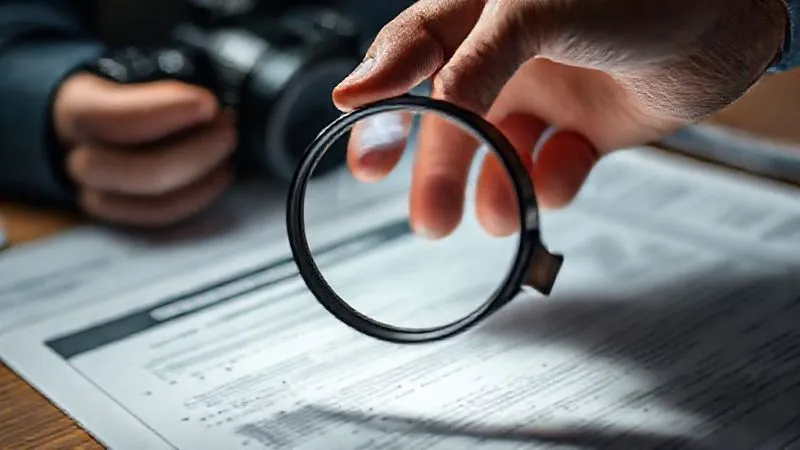 photorealistic, professional photography, 8K, cinematic lighting, sharp focus, depth of field, shot on a high-end DSLR, a hand holding a magnifying glass over a complex insurance document, blurring out surrounding papers, conveying detailed scrutiny and careful examination of fine print.