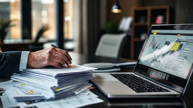 A photorealistic image of a person intensely reviewing stacks of legal documents and a laptop screen, with sticky notes and highlighters, in a well-lit, professional office setting. Cinematic lighting, sharp focus on the documents, depth of field, 8K hyper-detailed, professional photography, shot on a high-end DSLR.