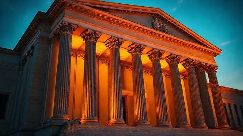 A photorealistic image of a classic courthouse facade with large columns, bathed in golden hour light, symbolizing justice and the rule of law. Cinematic lighting, sharp focus on the architecture, depth of field, 8K hyper-detailed, professional photography, shot on a high-end DSLR.