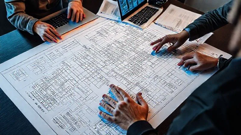 A photorealistic image of a detailed blueprint spread out on a large table, with hands pointing to specific sections, surrounded by environmental reports and a laptop displaying data. Cinematic lighting, sharp focus on the blueprint, depth of field, 8K hyper-detailed, professional photography, shot on a high-end DSLR.