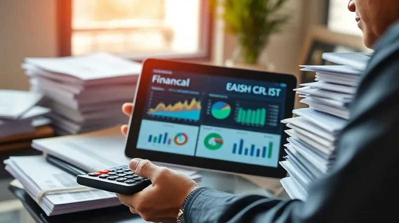 A photorealistic image of a business owner meticulously analyzing a complex financial dashboard displayed on a tablet, surrounded by stacks of financial reports and a calculator. The screen shows charts and graphs related to cash flow and debt, with cinematic lighting emphasizing concentration and detailed work. Sharp focus on the tablet and reports, depth of field blurring the background, 8K hyper-detailed, professional photography, shot on a high-end DSLR.
