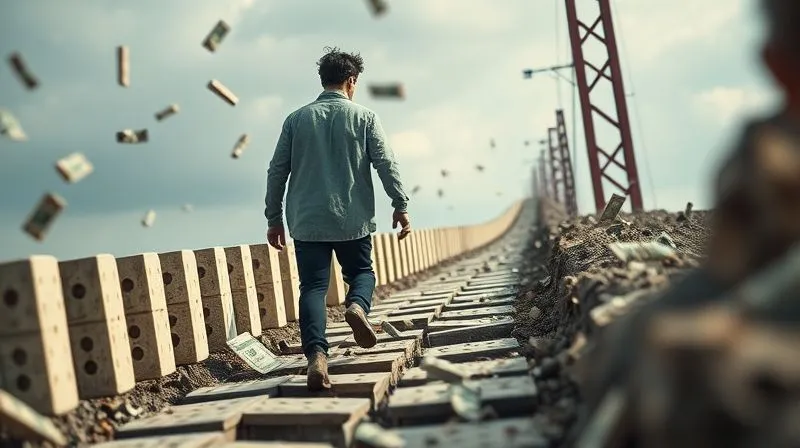 A photorealistic image of a person carefully navigating a treacherous path filled with financial obstacles like falling dominoes and crumbling bridges, representing common pitfalls in debt restructuring. The person is focused and determined, with cinematic lighting highlighting the challenges and their cautious steps. Sharp focus on the path, depth of field blurring the background, 8K hyper-detailed, professional photography, shot on a high-end DSLR.