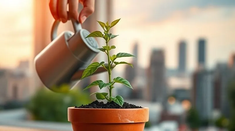 A photorealistic image depicting a thriving business, represented by a growing plant in a terracotta pot, being carefully nurtured by hands holding a watering can. In the background, a blurred cityscape suggests a successful urban environment. The scene is bathed in warm, cinematic lighting, symbolizing growth and stability. Sharp focus on the plant and hands, depth of field blurring the background, 8K hyper-detailed, professional photography, shot on a high-end DSLR.