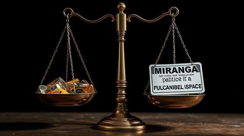 A photorealistic image showing a complex legal scales of justice, with one side weighed down by various elements representing 'intoxication' (e.g., blurred vision, disoriented thoughts), and the other side by 'Miranda warnings' (e.g., clear text, calm demeanor). Cinematic lighting, sharp focus on the balance point, depth of field, 8K hyper-detailed, shot on a high-end DSLR. The overall mood should be serious and contemplative.