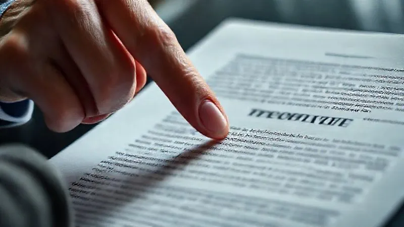 A photorealistic close-up of a teacher's finger pointing to a specific clause on a printed contract, highlighting the text with a soft, professional light. The background is blurred, focusing on the detail of the document, implying careful examination. Shot on a high-end DSLR, 8K hyper-detailed, cinematic lighting.