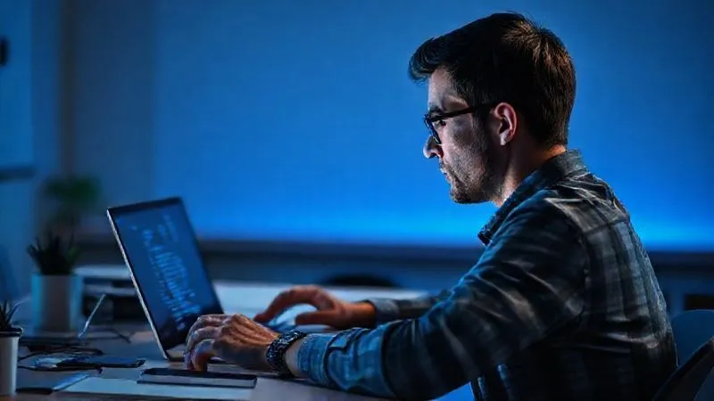 A photorealistic image of a teacher looking thoughtfully at a laptop screen displaying code or policy text, with various digital devices (tablet, smartphone) subtly present on a desk. The lighting is modern and slightly blue-toned, emphasizing technology and digital responsibility. Shot on a high-end DSLR, 8K hyper-detailed, depth of field blurring the background.