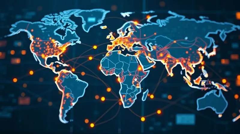 A photorealistic, professional photography, 8K, cinematic lighting, sharp focus, depth of field, shot on a high-end DSLR, depicting a complex digital map of the world with glowing lines of data and regulatory symbols emanating from different continents and intersecting, illustrating the far-reaching and interconnected nature of extraterritorial legal jurisdiction. The image should evoke a sense of global legal entanglement and the challenges of cross-border compliance, with a slight blur to the background to emphasize the foreground complexity.