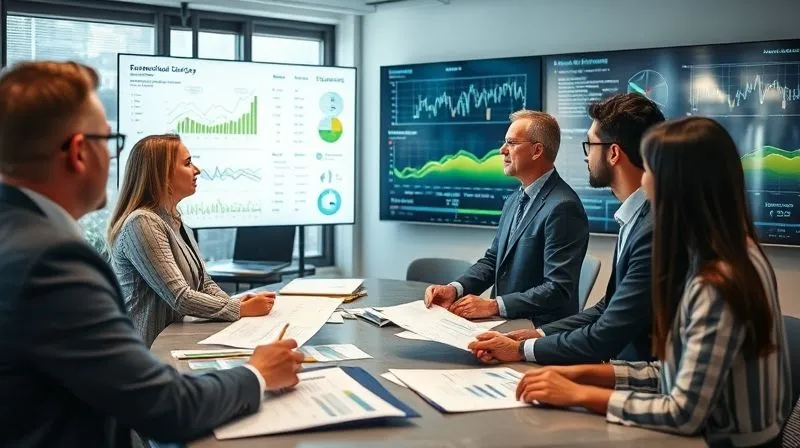 A photorealistic, professional photography image of a diverse team of environmental compliance officers in a modern office, reviewing digital dashboards and printed reports related to environmental monitoring. One person points to a data visualization on a large screen, showing trends. Cinematic lighting, sharp focus on the team and screens, depth of field blurring the office background, 8K hyper-detailed, shot on a high-end DSLR.