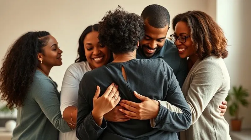 A photorealistic image of a diverse family embracing a woman, symbolizing reunion and relief, in a neutral, professional setting, with warm, hopeful lighting, 8K, cinematic lighting, sharp focus, depth of field, shot on a high-end DSLR.