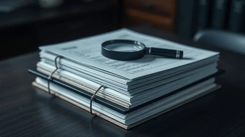 A photorealistic image of a stack of official-looking legal documents and folders on a dark wooden table, with a magnifying glass resting on top, cinematic lighting, sharp focus on the documents, depth of field blurring the background, 8K hyper-detailed, professional photography, shot on a high-end DSLR.