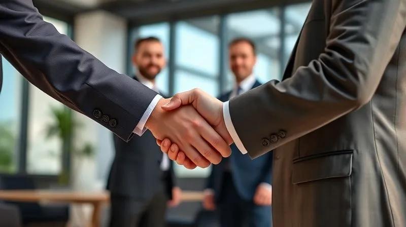 A photorealistic image of a person shaking hands with a legal professional in a modern, well-lit office, both looking relieved and professional, suggesting a successful resolution. Cinematic lighting, sharp focus on the handshake, depth of field blurring the background, 8K hyper-detailed, professional photography, shot on a high-end DSLR.