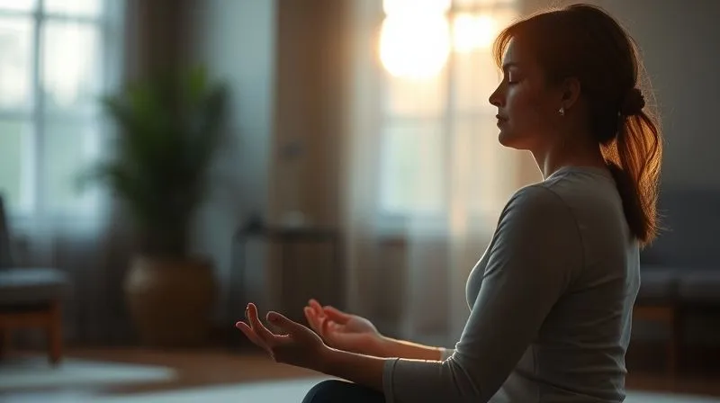 A photorealistic image of a person meditating or practicing mindfulness in a quiet, serene setting, perhaps with soft natural light, conveying a sense of calm and resilience amidst stress. Cinematic lighting, sharp focus on the person, depth of field blurring the background, 8K hyper-detailed, professional photography, shot on a high-end DSLR.