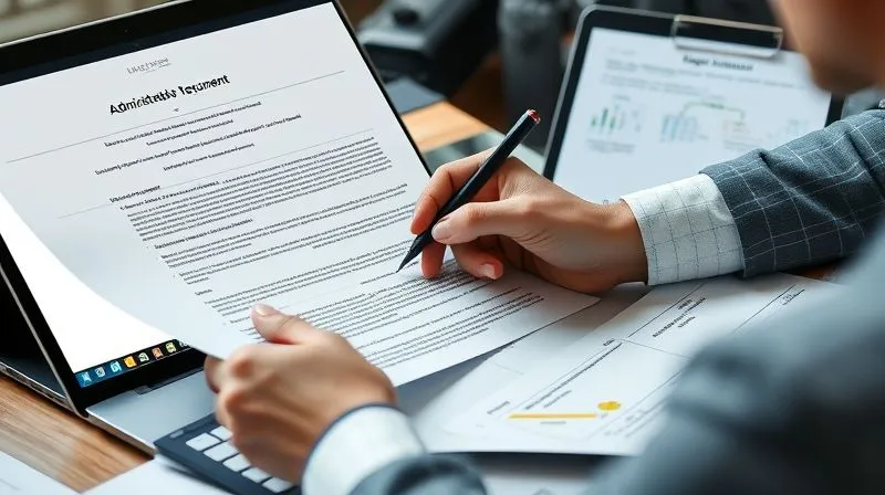 A photorealistic image of a legal professional meticulously highlighting sections of a complex regulatory document, with other documents and a laptop open, displaying a flow chart of administrative appeal processes. The scene is well-lit, professional, and shows deep concentration. Cinematic lighting, sharp focus, depth of field, 8K hyper-detailed, shot on a high-end DSLR.