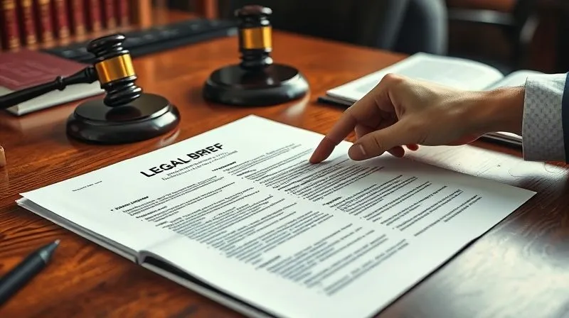 A photorealistic image of a legal brief or appeal document, open on a polished wooden table in a law office, with a legal professional's hands pointing to a specific section. There are other legal books and a gavel subtly in the background, symbolizing the administrative justice system. Cinematic lighting, sharp focus on the document, depth of field, 8K hyper-detailed, shot on a high-end DSLR.