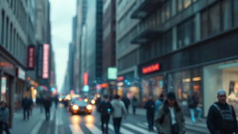 A photorealistic image from a slightly elevated perspective, showing a bustling city street with subtle, glowing digital lines and data points overlaying individuals and buildings, signifying unseen AI surveillance. The focus is sharp on the data overlay, with a slight depth of field blurring the background. Cinematic lighting, 8K hyper-detailed, professional photography, slightly ominous but clean aesthetic.