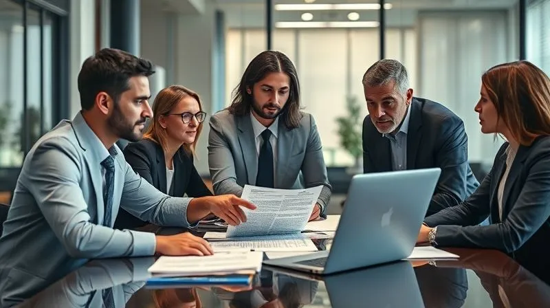 A photorealistic image of a professional legal team (3-4 people) gathered around a conference table, looking at documents and a laptop with a focused, determined expression. One person points to a complex legal document. The room is modern and well-lit, conveying expertise and collaboration. 8K, cinematic lighting, sharp focus on the team and documents, depth of field, shot on a high-end DSLR.