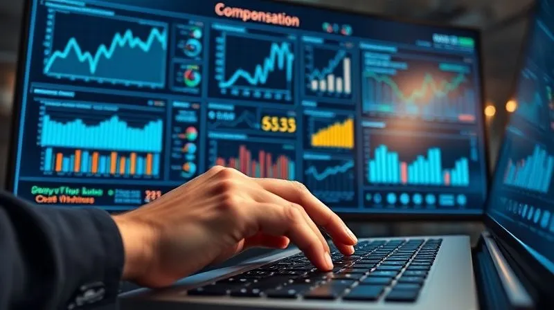 A photorealistic image of a complex data visualization dashboard on a large monitor, displaying multiple regression analysis charts, scatter plots, and bar graphs related to compensation data. The screen is illuminated with a soft blue glow, reflecting on a professional's hands typing on a keyboard in the foreground. Professional photography, 8K, cinematic lighting, sharp focus, depth of field, shot on a high-end DSLR.