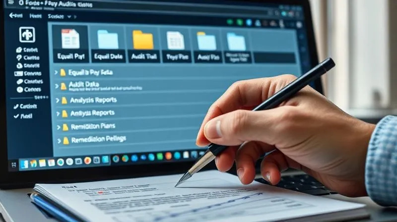 A photorealistic image of a neatly organized digital audit trail on a computer screen, showing folders and files clearly labeled for 'Equal Pay Audit Data', 'Analysis Reports', and 'Remediation Plans'. A hand with a pen is hovering over a physical notepad, suggesting meticulous cross-referencing. Professional photography, 8K, cinematic lighting, sharp focus, depth of field, shot on a high-end DSLR.
