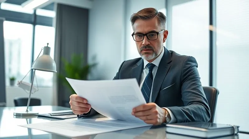 photorealistic, professional photography, 8K, cinematic lighting, sharp focus, depth of field, shot on a high-end DSLR, a lawyer in a modern, well-lit office, confidently gesturing towards a legal document on a desk while explaining complex details to a concerned client, a sense of trust and clarity, soft, professional lighting.