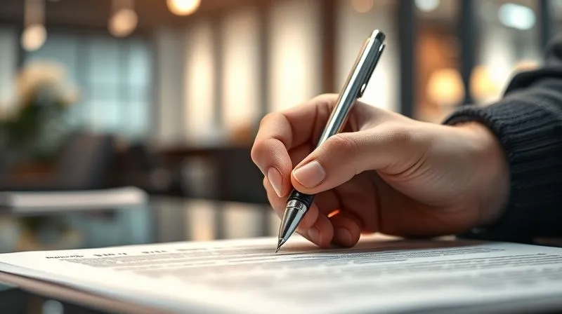 photorealistic, professional photography, 8K, cinematic lighting, sharp focus, depth of field, shot on a high-end DSLR, a hand signing a clear, crisp legal document with a pen, a sense of finality and relief, warm light illuminating the signing area, a blurred background of a modern office, symbolizing resolution and efficiency.