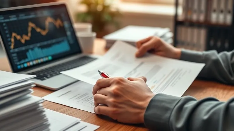 A photorealistic, professional photography, 8K image of a person's hands meticulously reviewing and annotating a legal document with a red pen, surrounded by stacks of papers and a laptop displaying financial data. Cinematic lighting, sharp focus on the document and hands, depth of field blurring the background of an office. Shot on a high-end DSLR.