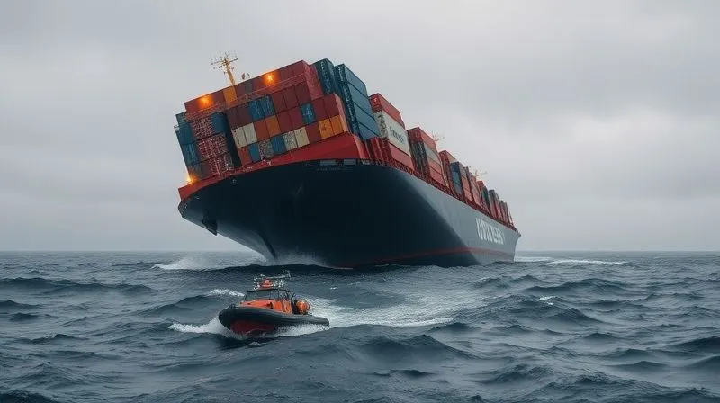A photorealistic wide shot of a large container ship listing heavily in choppy, grey seas, with a visible oil slick spreading from its side. Emergency lights are flashing, and a small rescue boat is in the foreground. Cinematic lighting, sharp focus on the distressed vessel, depth of field blurring the distant horizon, 8K hyper-detailed, professional photography.