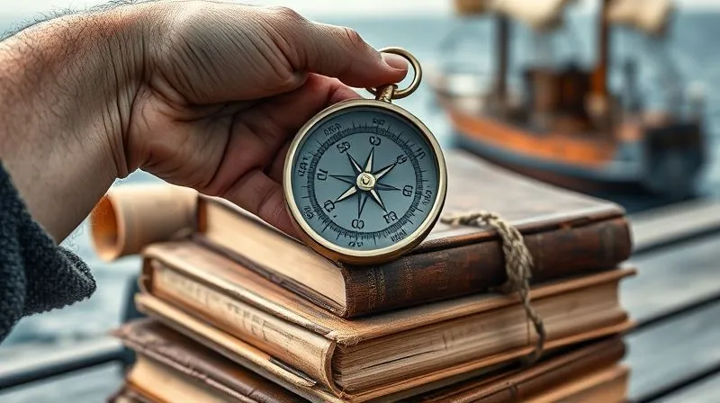 A photorealistic close-up of a weathered hand holding a compass over a stack of old maritime law books and a rolled-up chart. The background features a blurred image of a ship at sea. Cinematic lighting, sharp focus on the compass and books, depth of field creating a sense of history and guidance, 8K hyper-detailed, professional photography.