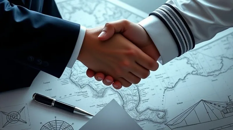 A photorealistic image of two hands, one in a crisp suit, the other in a maritime uniform, shaking firmly over a detailed nautical chart showing shipping lanes and a distressed vessel icon. A pen and a legal document are visible nearby. Cinematic lighting, sharp focus on the handshake, depth of field blurring the chart, 8K hyper-detailed, professional photography.