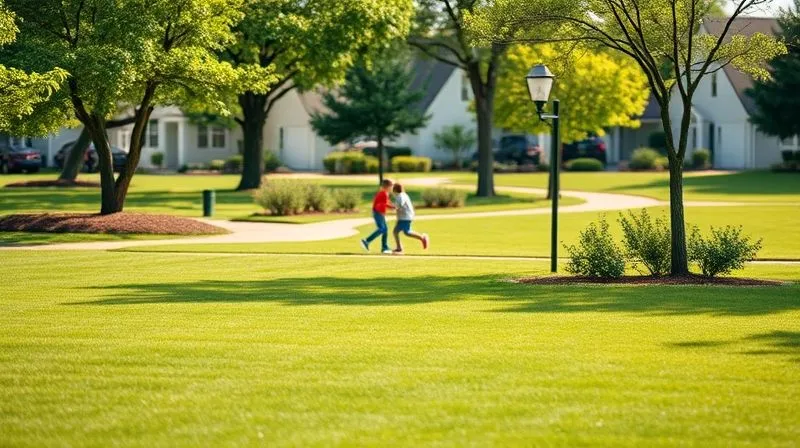 A photorealistic, professional photography, 8K, cinematic lighting, sharp focus, depth of field, shot on a high-end DSLR image of a perfectly manicured community park with children playing safely in the background, symbolizing a well-funded, harmonious, and stable HOA environment.