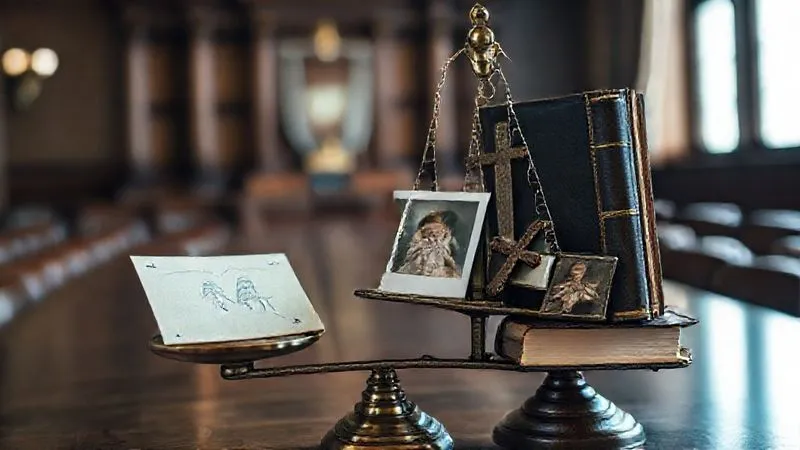 photorealistic, professional photography, 8K, cinematic lighting, sharp focus, depth of field, shot on a high-end DSLR, a balanced antique scale with a heavy, bound law book on one side and a collection of personal items – a child's drawing, a worn family photo, a small cross – on the other, symbolizing the human element in legal proceedings, with a blurred courtroom background.