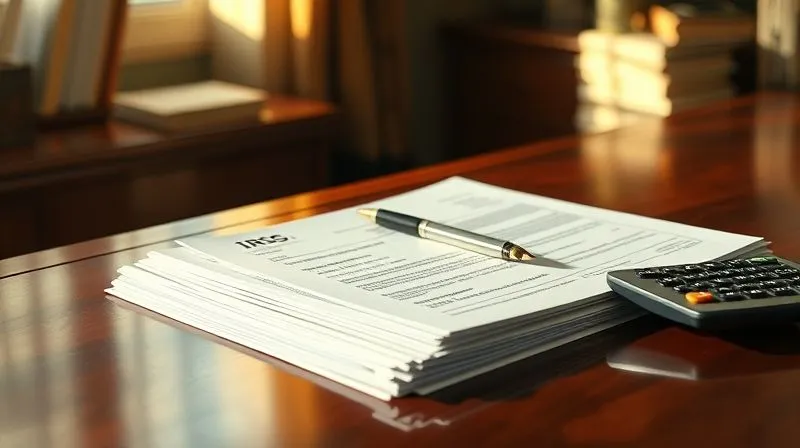 A photorealistic image of a stack of neatly organized financial documents and IRS transcripts on a polished mahogany desk, with a pen and a calculator, illuminated by a focused beam of light, symbolizing meticulous preparation. Shot on a high-end DSLR, 8K, cinematic lighting, sharp focus, depth of field.