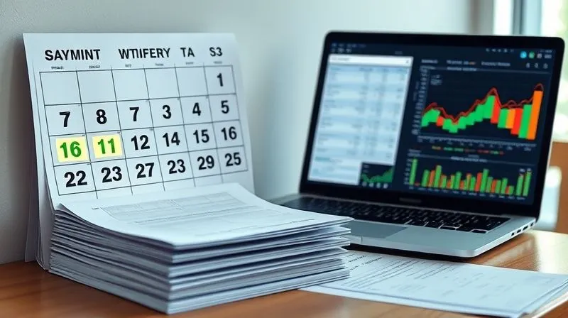 A photorealistic image of a calendar with a series of highlighted dates, signifying important payment deadlines, juxtaposed with a stack of tax forms and a modern laptop displaying a financial dashboard. The scene is clean, organized, and professional, emphasizing ongoing compliance. Shot on a high-end DSLR, 8K, cinematic lighting, sharp focus, depth of field.