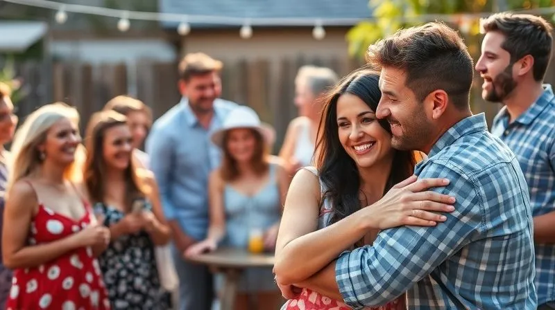 A photorealistic image of a diverse group of friends and family laughing and interacting at a backyard gathering, with a couple in the foreground warmly embracing. The scene is bright and friendly, suggesting community and shared life. Cinematic lighting, sharp focus on the couple, depth of field blurring the background, 8K, professional photography, shot on a high-end DSLR.