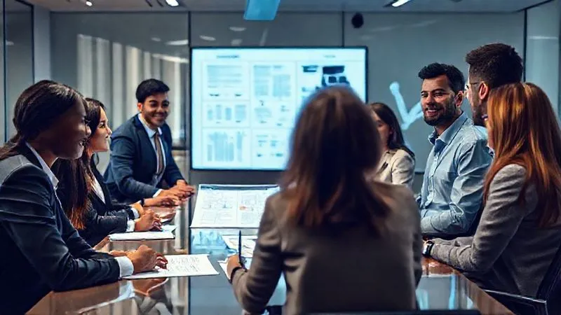 A photorealistic shot of a diverse, professional team in a modern conference room, looking focused and collaborative, with legal documents and flowcharts on a large screen. Cinematic lighting, sharp focus on the team, depth of field, 8K hyper-detailed, professional photography.