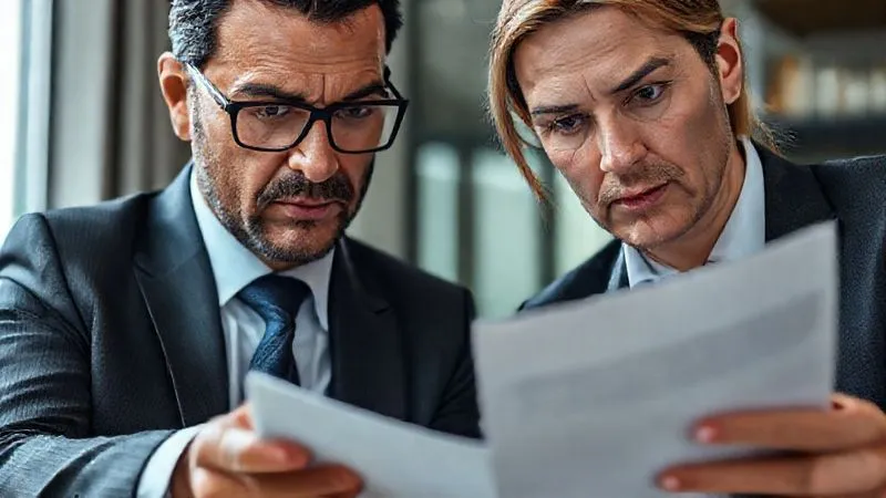A photorealistic close-up of two professionals, one a lawyer and one a business executive, reviewing legal documents intently, with a serious but determined expression. Soft, professional lighting, sharp focus on their faces and the documents, depth of field, 8K hyper-detailed, professional photography.