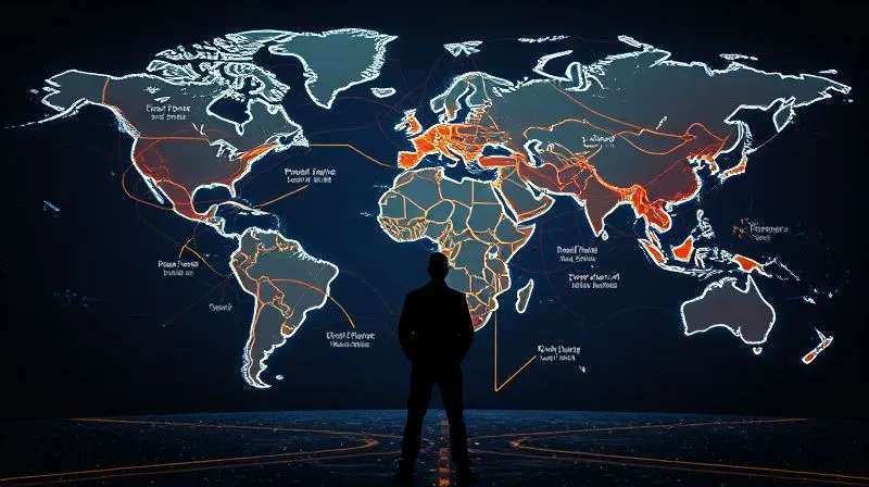 Photorealistic, professional photography, 8K, cinematic lighting, sharp focus, depth of field, shot on a high-end DSLR. A stylized, glowing world map with intricate, overlapping lines and colored zones representing different tax residency rules and jurisdictions. In the foreground, a single human silhouette stands at a crossroads, looking at multiple diverging paths, each labeled with factors like '183-day rule', 'Permanent Home', 'Center of Vital Interests'. The lighting should emphasize the complexity and the decision-making challenge, with a subtle sense of clarity beginning to emerge in the path forward.