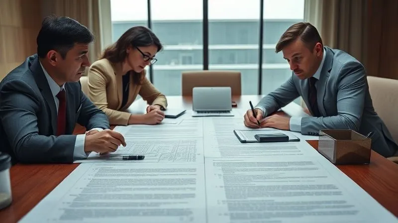 A photorealistic, professional photography, 8K, cinematic lighting, sharp focus, depth of field shot on a high-end DSLR of a legal team meticulously reviewing a large, complex stadium lease document spread out on a conference table, with magnifying glasses and highlighters. The mood is focused and investigative.